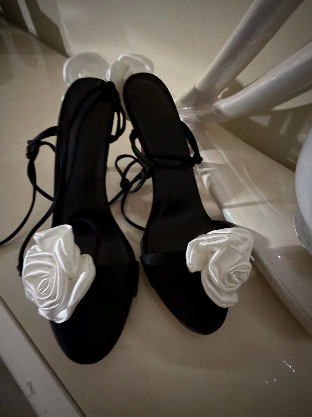 Black Evening Sandals with White Rose Accent